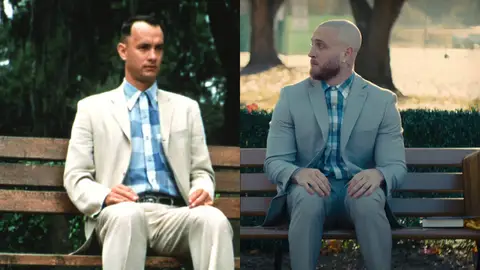 Tom Hanks en Forrest Gump y su hijo Chet en un videoclip Tom Hanks en Forrest Gump y su hijo Chet en un videoclip