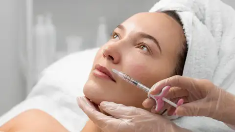 Una mujer se inyecta ácido hialurónico en los labios Una mujer se inyecta ácido hialurónico en los labios