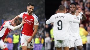 Merino celebr aun gol con el Arsenal (i); Vini y Mbapp&eacute; celebran un tanto con el Real Madrid (d)