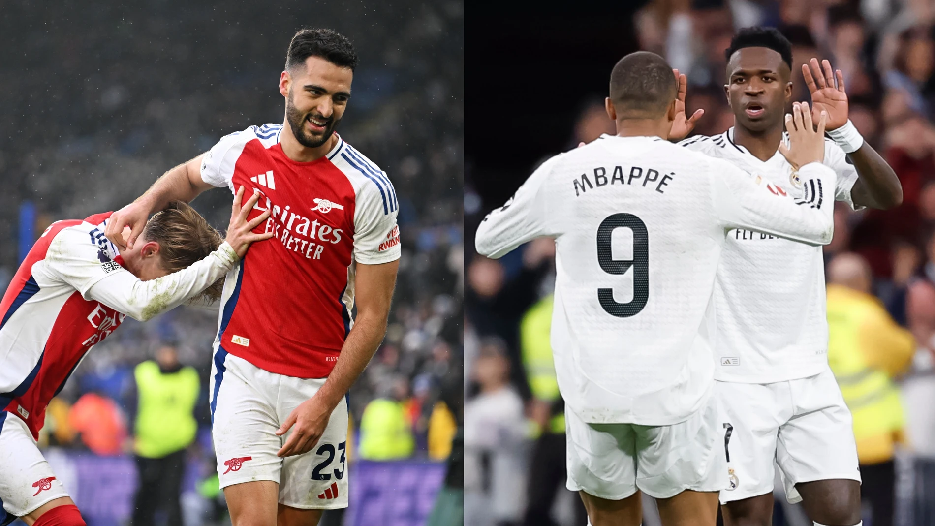 Merino celebr aun gol con el Arsenal (i); Vini y Mbappé celebran un tanto con el Real Madrid (d) Merino celebr aun gol con el Arsenal (i); Vini y Mbappé celebran un tanto con el Real Madrid (d)