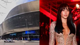Una imagen del exterior del Bernabéu y otra de Aitana en un evento Una imagen del exterior del Bernabéu y otra de Aitana en un evento