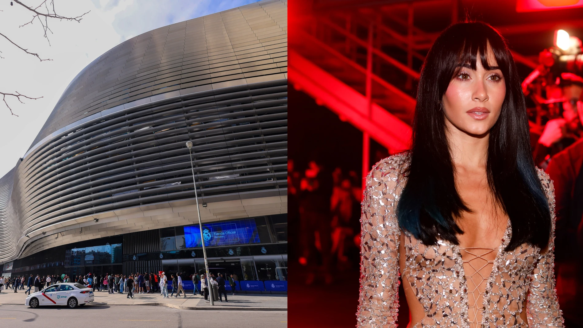Una imagen del exterior del Bernabéu y otra de Aitana en un evento Una imagen del exterior del Bernabéu y otra de Aitana en un evento