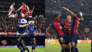 Los jugadores de Arsenal, Inter, Bayern y Barcelona celebran un gol en los duelos de ida de cuartos de final