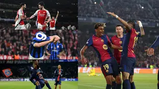 Los jugadores de Arsenal, Inter, Bayern y Barcelona celebran un gol en los duelos de ida de cuartos de final Los jugadores de Arsenal, Inter, Bayern y Barcelona celebran un gol en los duelos de ida de cuartos de final