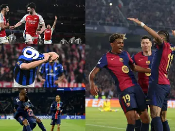 Los jugadores de Arsenal, Inter, Bayern y Barcelona celebran un gol en los duelos de ida de cuartos de final Los jugadores de Arsenal, Inter, Bayern y Barcelona celebran un gol en los duelos de ida de cuartos de final