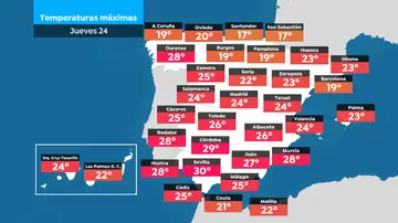 Temperaturas máximas del jueves 24 Temperaturas máximas del jueves 24