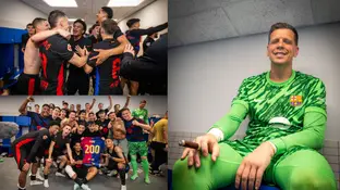 La fiesta de los jugadores del Barça en el vestuario de Cornellá La fiesta de los jugadores del Barça en el vestuario de Cornellá