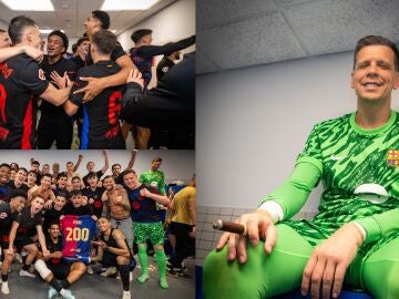 La fiesta de los jugadores del Barça en el vestuario de Cornellá