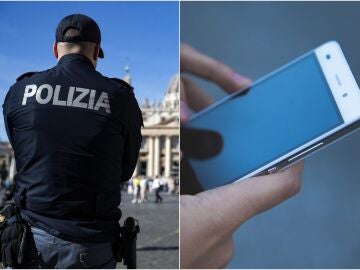 Un agente de policía italiano junto a un móvil en imágenes de archivo