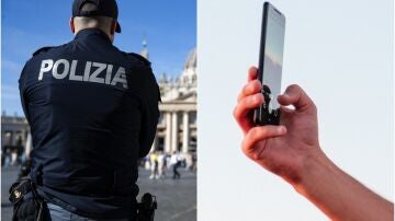 Un agente de policía italiano junto a una persona haciéndose un selfie en imágenes de archivo
