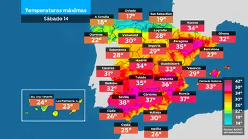 Temperaturas máximas para este sábado Temperaturas máximas para este sábado