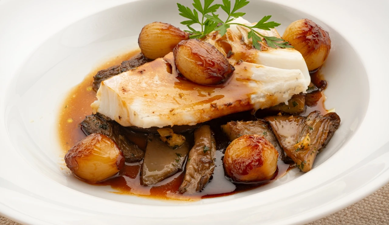 Bacalao con setas y cebollitas glaseadas con soja