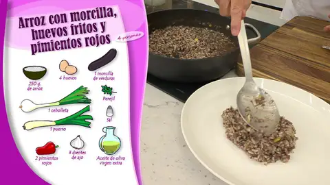 Ingredientes Arroz con morcilla, huevos fritos y pimientos rojos Ingredientes Arroz con morcilla, huevos fritos y pimientos rojos