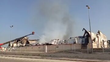 Las llamas provocan el colapso de una empresa en Algemesí, Valencia