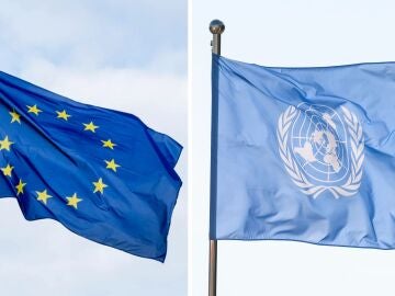 Imagen de archivo de la bandera de Unión Europea y de la ONU.