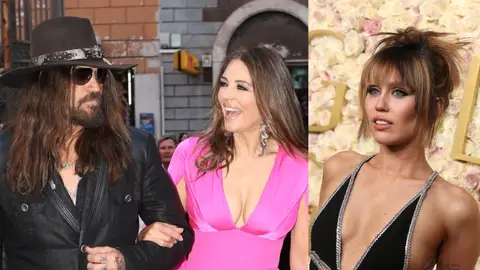 Elizabeth Hurley, Billy Ray Cyrus y Miley Cyrus Elizabeth Hurley, Billy Ray Cyrus y Miley Cyrus