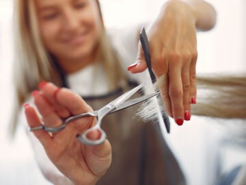 Peluquera cortando el cabello a una clienta