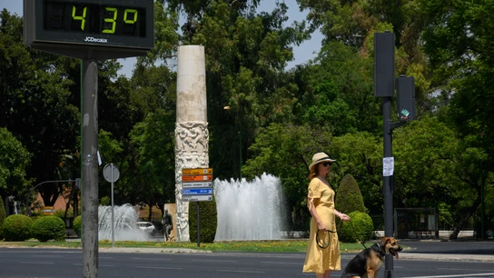 Una mujer pasea a su perro cerca de un termómetro de Sevilla que marca 43º C Una mujer pasea a su perro cerca de un termómetro de Sevilla que marca 43º C