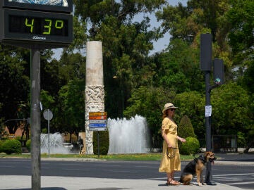 Una mujer pasea a su perro cerca de un termómetro de Sevilla que marca 43º C