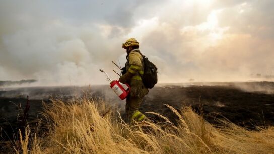 Un efectivo contra incendios trabaja en las tareas de extinci&oacute;n en Le&oacute;n.