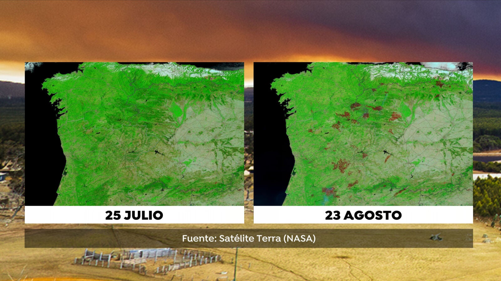 Los satélites de la NASA muestran el antes y el después de los incendios en España