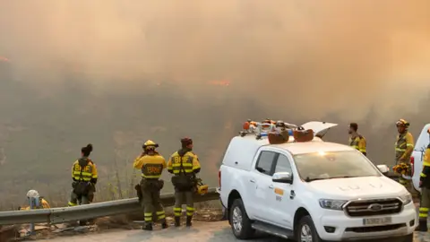 Bomberos observan el incendio foresta en La Baña Bomberos observan el incendio foresta en La Baña