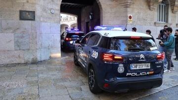 Dos coches de la Policía Nacional en la Audiencia Provincial de Palma. 