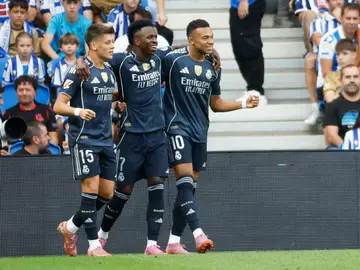 Mbappé, Vinicius y Güler celebran el tanto del turco en Anoeta Mbappé, Vinicius y Güler celebran el tanto del turco en Anoeta