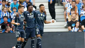Mbappé, Vinicius y Güler celebran el tanto del turco en Anoeta Mbappé, Vinicius y Güler celebran el tanto del turco en Anoeta