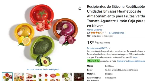 Recipiente con tapa de silicona para frutas y verduras Recipiente con tapa de silicona para frutas y verduras