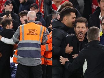 Simeone, en el momento de irse a por un aficionado en Anfield
