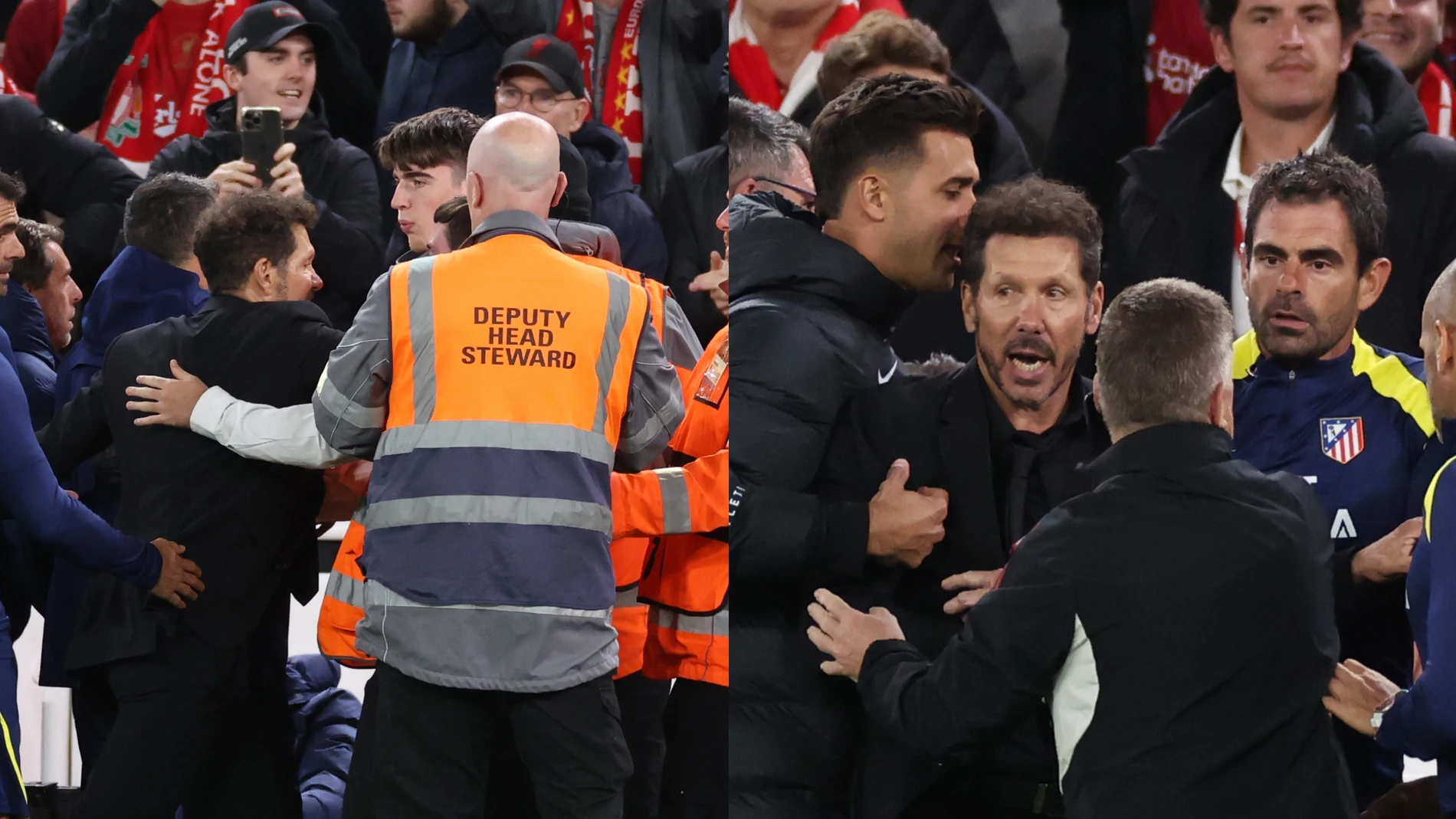 Simeone, en el momento de irse a por un aficionado en Anfield Simeone, en el momento de irse a por un aficionado en Anfield