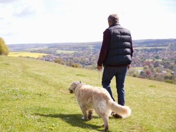 Un hombre paseando con un perro