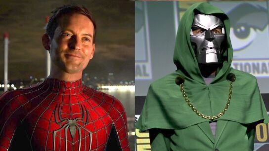 Tobey Maguire como SpiderMan y Robert Downey Jr .anunciando que ser&aacute; Doctor Doom en Marvel
