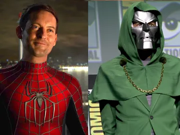 Tobey Maguire como SpiderMan y Robert Downey Jr. anunciando que será Doctor Doom en Marvel Tobey Maguire como SpiderMan y Robert Downey Jr. anunciando que será Doctor Doom en Marvel