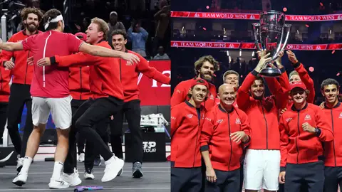 Taylor Fritz celebra la victoria definitiva ante Zverev en la Laver Cup Taylor Fritz celebra la victoria definitiva ante Zverev en la Laver Cup