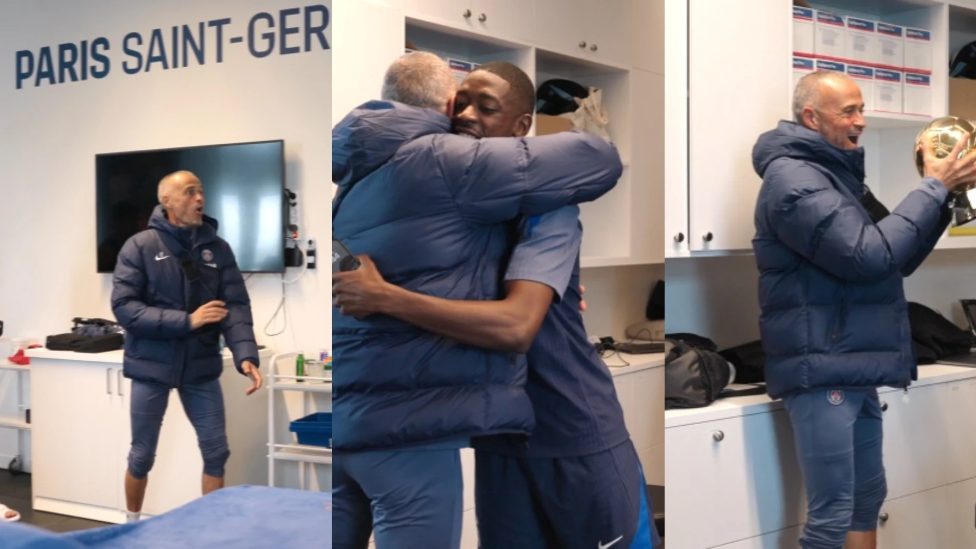 Luis Enrique, en el momento de abrazar a Dembélé tras la gala del Balón de Oro Luis Enrique, en el momento de abrazar a Dembélé tras la gala del Balón de Oro