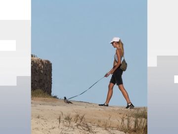 Chica paseando a una paloma