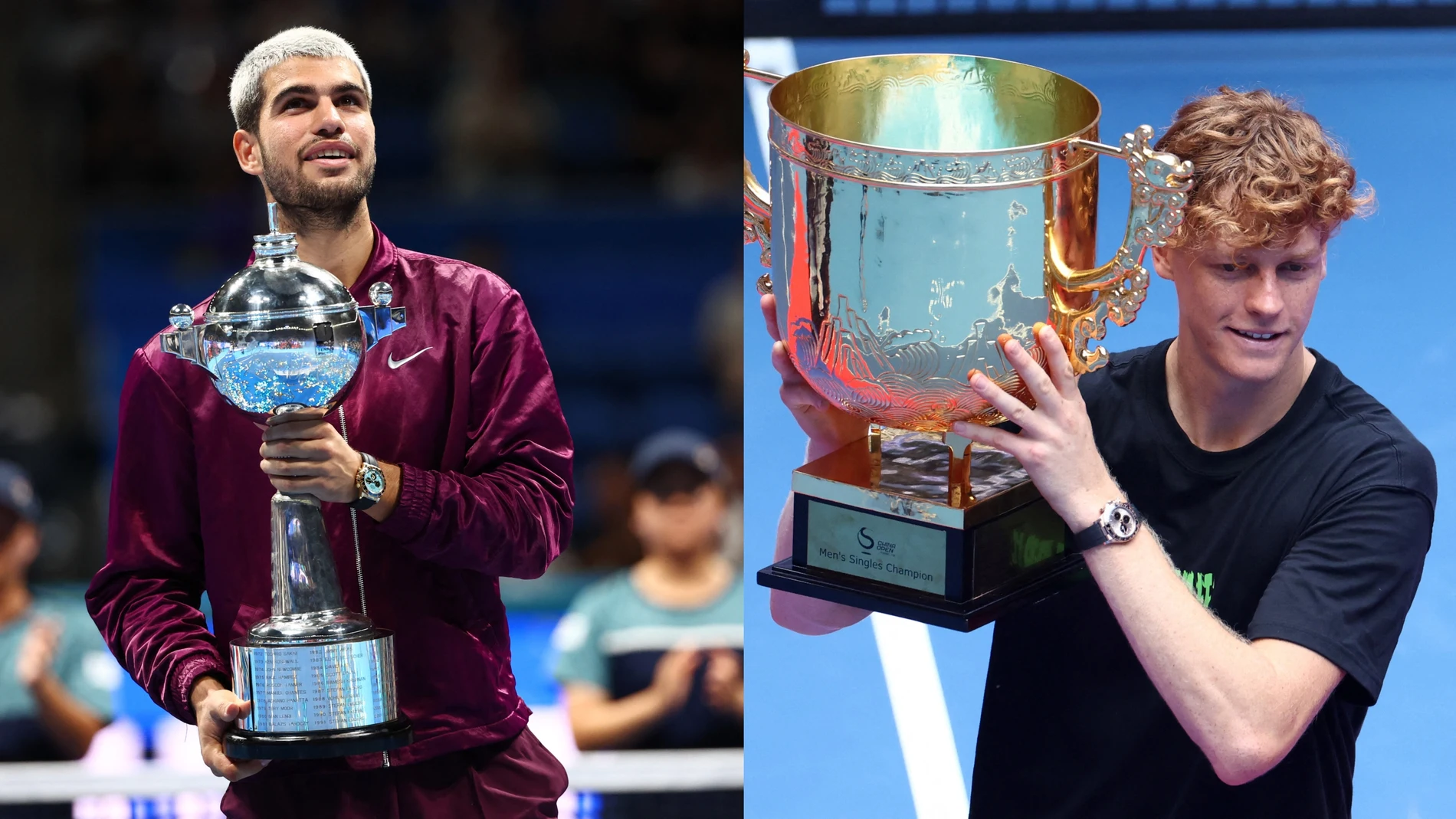 Carlos Alcaraz y Jannik Sinner, con los trofeos de Tokio y Pekín Carlos Alcaraz y Jannik Sinner, con los trofeos de Tokio y Pekín