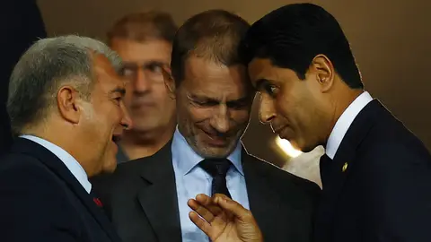 Joan Laporta, Aleksander Ceferin y Nasser Al-Khelaifi, en Montjuic Joan Laporta, Aleksander Ceferin y Nasser Al-Khelaifi, en Montjuic