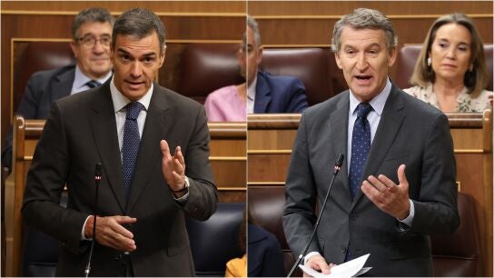 Pedro S&aacute;nchez y Alberto N&uacute;&ntilde;ez Feij&oacute;o durante una sesi&oacute;n de control al Gobierno, en el Congreso, a 15 de octubre de 2025