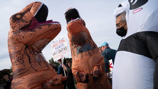 Asistentes con disfraces inflables se congregaron para una protesta contra Donald Trump, bajo el lema "No Kings", en Washington