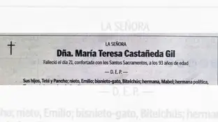 Imagen de la esquela de María Teresa Castañeda Gil Imagen de la esquela de María Teresa Castañeda Gil