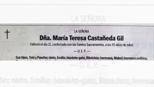 Imagen de la esquela de María Teresa Castañeda Gil