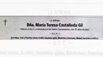 Imagen de la esquela de María Teresa Castañeda Gil Imagen de la esquela de María Teresa Castañeda Gil