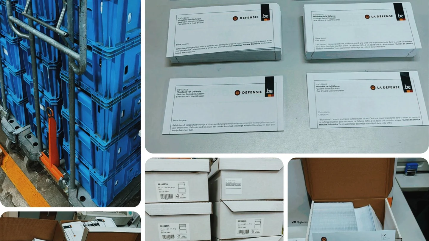 Bélgica envía cartas a jóvenes para que se inscriban al servicio militar voluntario Collage de fotos de las cartas que se están enviando a los jóvenes belgas de 17 años