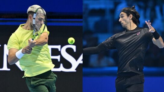 Carlos Alcaraz y Lorenzo Musetti, en acci&oacute;n en las Nitto ATP Finals de Tur&iacute;n