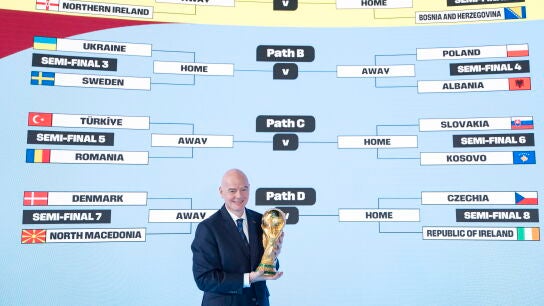 El presidente de la FIFA, Gianni Infantino, durante el sorteo de la repesca para el Mundial de 2026