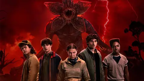 Gaten Matarazzo, Noah Schnapp, Millie Bobby Brown, Finn Wolfhard y Caleb McLaughlin en Stranger Things 5 Gaten Matarazzo, Noah Schnapp, Millie Bobby Brown, Finn Wolfhard y Caleb McLaughlin en Stranger Things 5