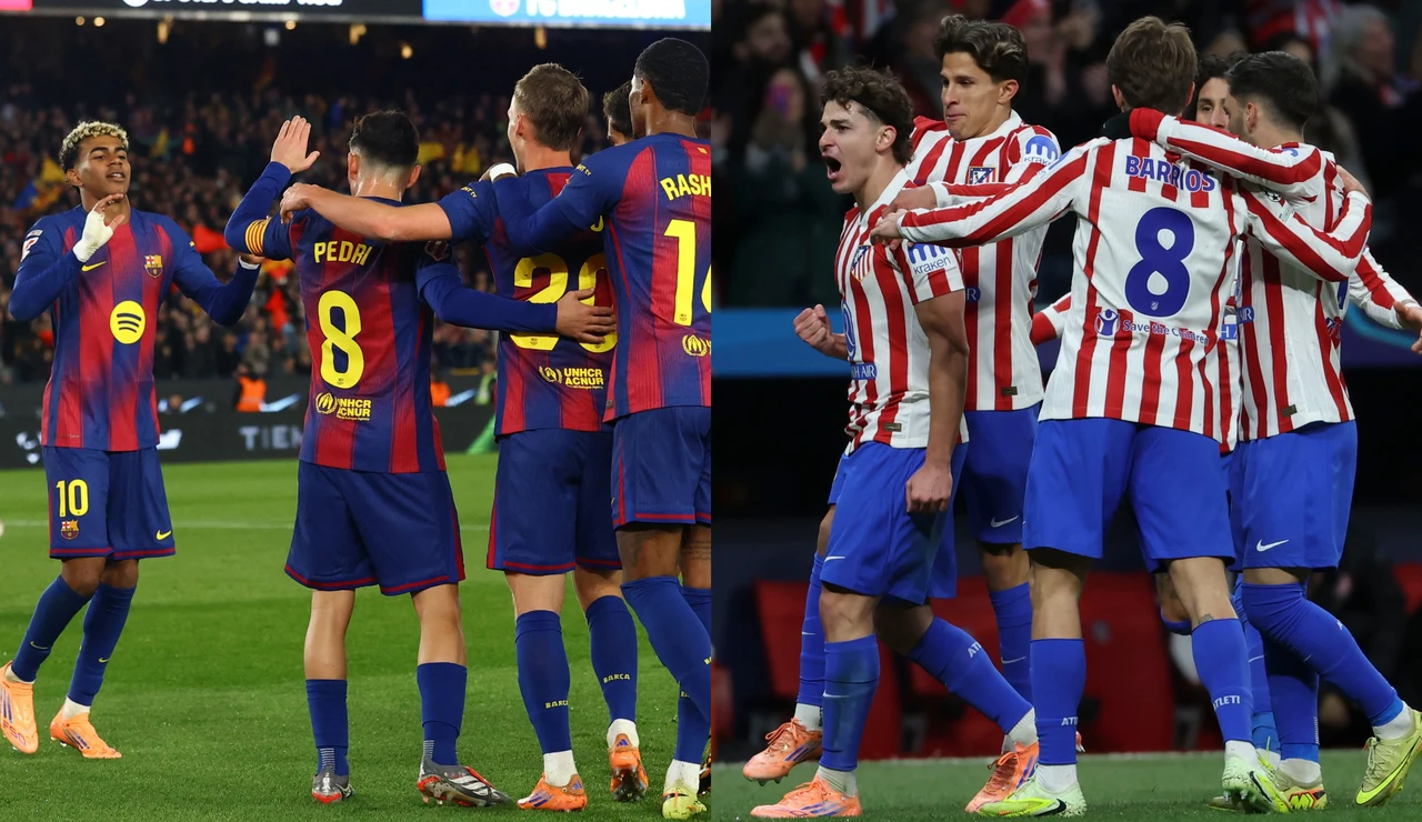 Los jugadores de Barcelona y Atlético de Madrid celebran un gol